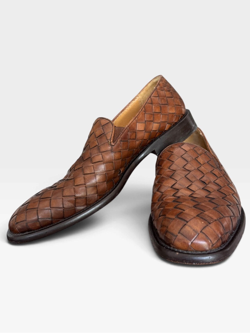 Mezlan 9.5M Brown Woven Leather Loafers Italian Vero Cuoio Vintage